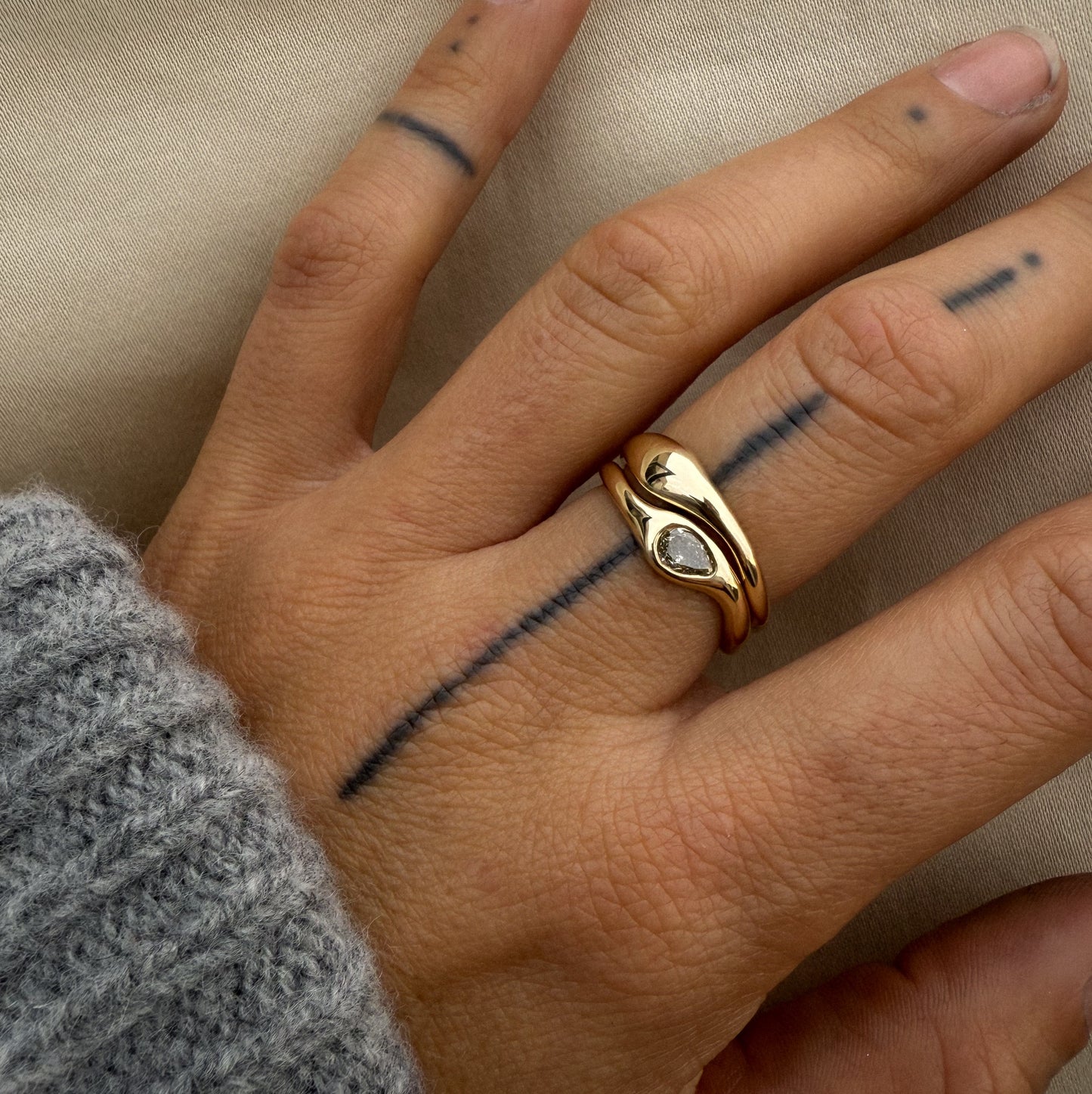 14k Duo Ring with Pear Diamond